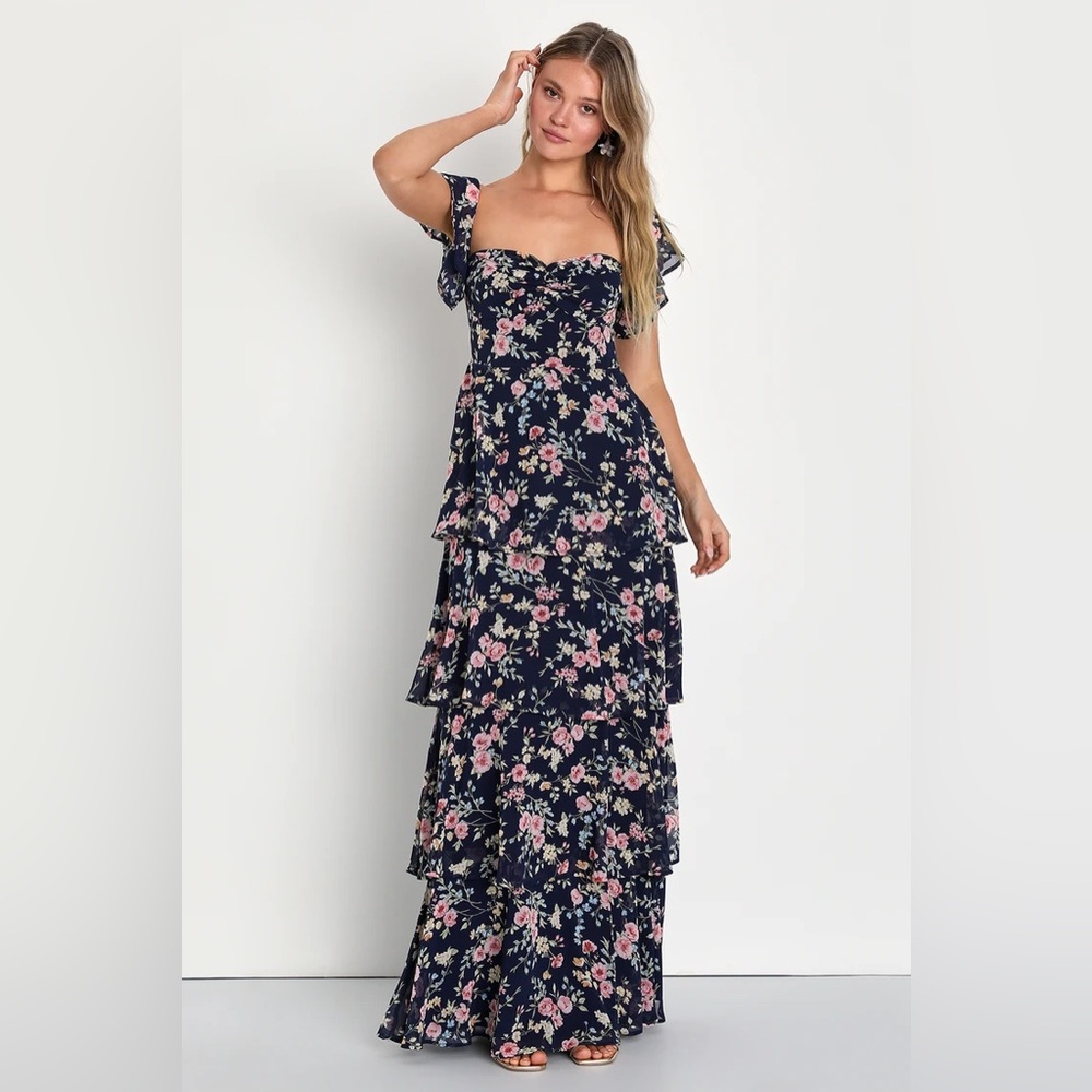 Lulus Charming Passion Navy Blue Floral Maxi Dress BNWT